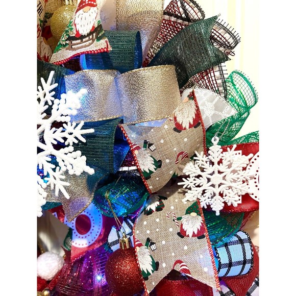 Handmade Christmas Gnome in Sleigh Holiday Ribbon Door Wreath 26 ins LED XLW2 - Picture 6 of 11
